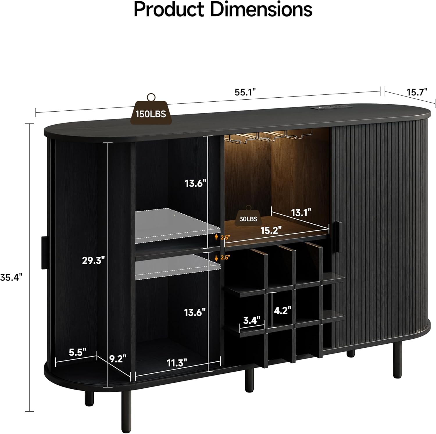 55" Wine Cabinet, Fluted Coffee Bar Cabinet with LED Light, Modern Liquor Coffee Station with Power Outlet, Wine Rack & Glass Holder, Sliding Door Buffet Sideboard Table for Home, Living Room, Black