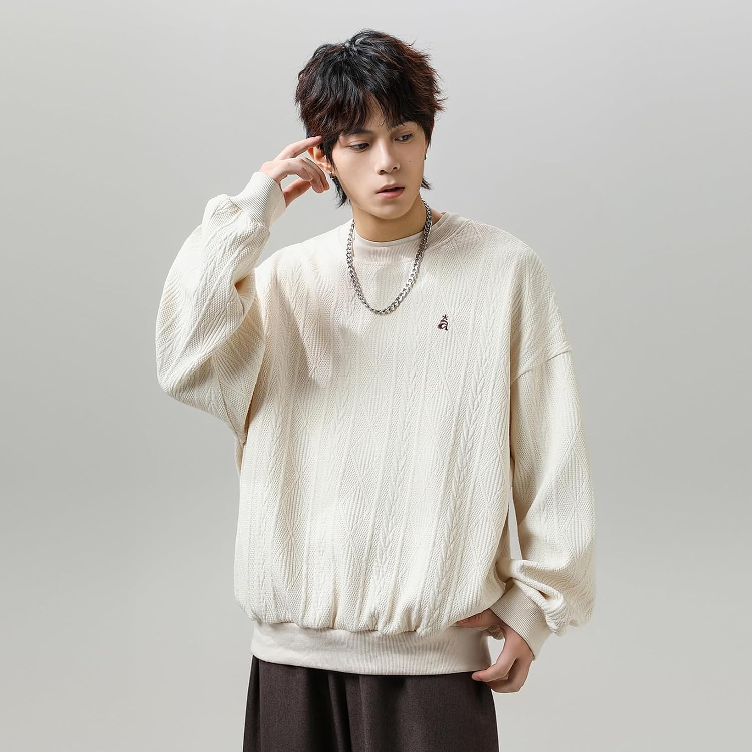 [RAMEMO] トレーナー スウェット メンズ クルーネック ワンポイント 春服 秋服 重ね着風 パーカー プルオーバー トップス