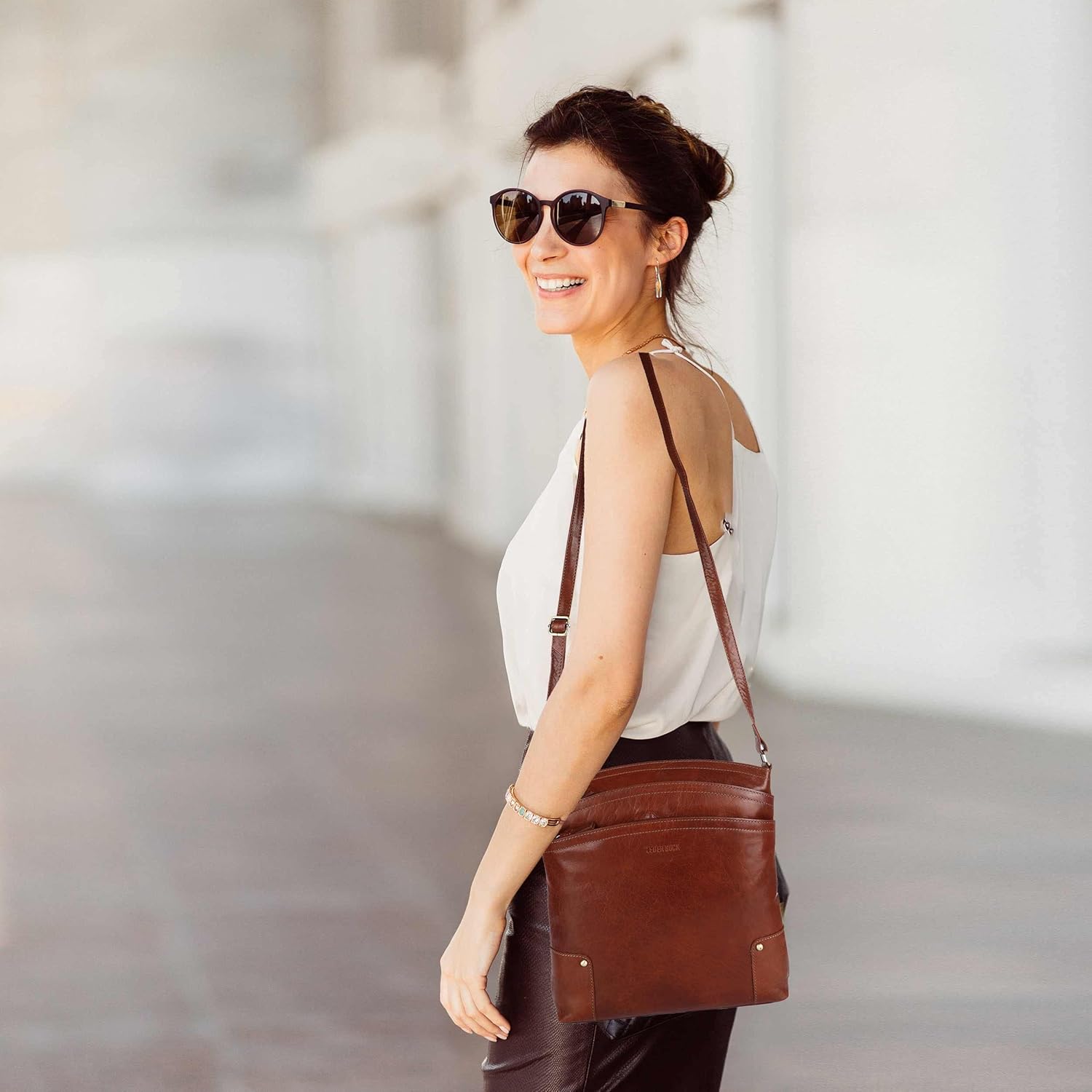 Terry Large Soft Real Leather Womens Crossbody Handbags and Purses-Triple Zip Premium Sling Crossover Shoulder Bag - Image 2