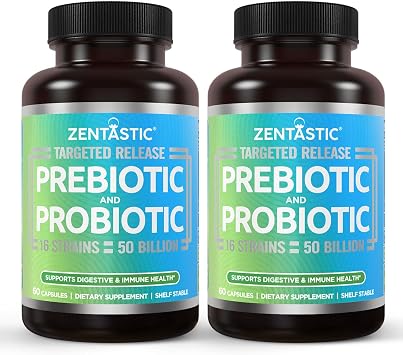 Zentastic Probiotics & Prebiotics Supplement - 50 Billion CFU - for Men & Womens Immune & Digestive Health - 16 Strains - Shelf Stable - 120 Delayed Release Veggie Capsules