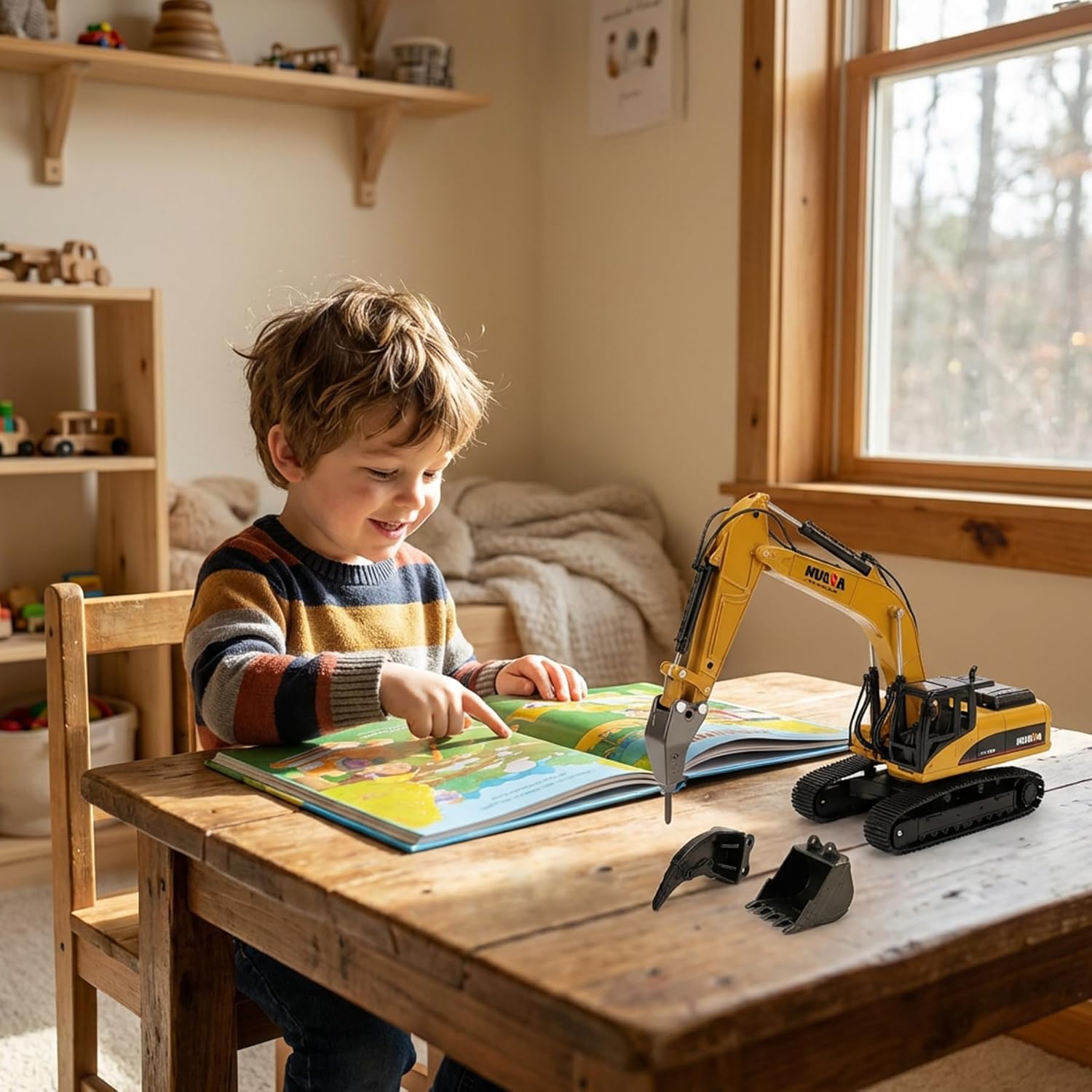 Gemini&Genius Drill Excavator Toy, Demolition Machine Car, Construction Vehicle Toys 1/40 Scale Die-cast Impact Hammer Engineering Truck, Alloy Models Toys for Kids (2Pcs Replaceable Heads)