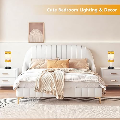 Miniatura 6 de Tiffany - Juego de 2 lámparas de mesa táctiles regulables de 3 vías con bombillas y puerto de carga USB, lámpara de vidrieras para mesita de noche,