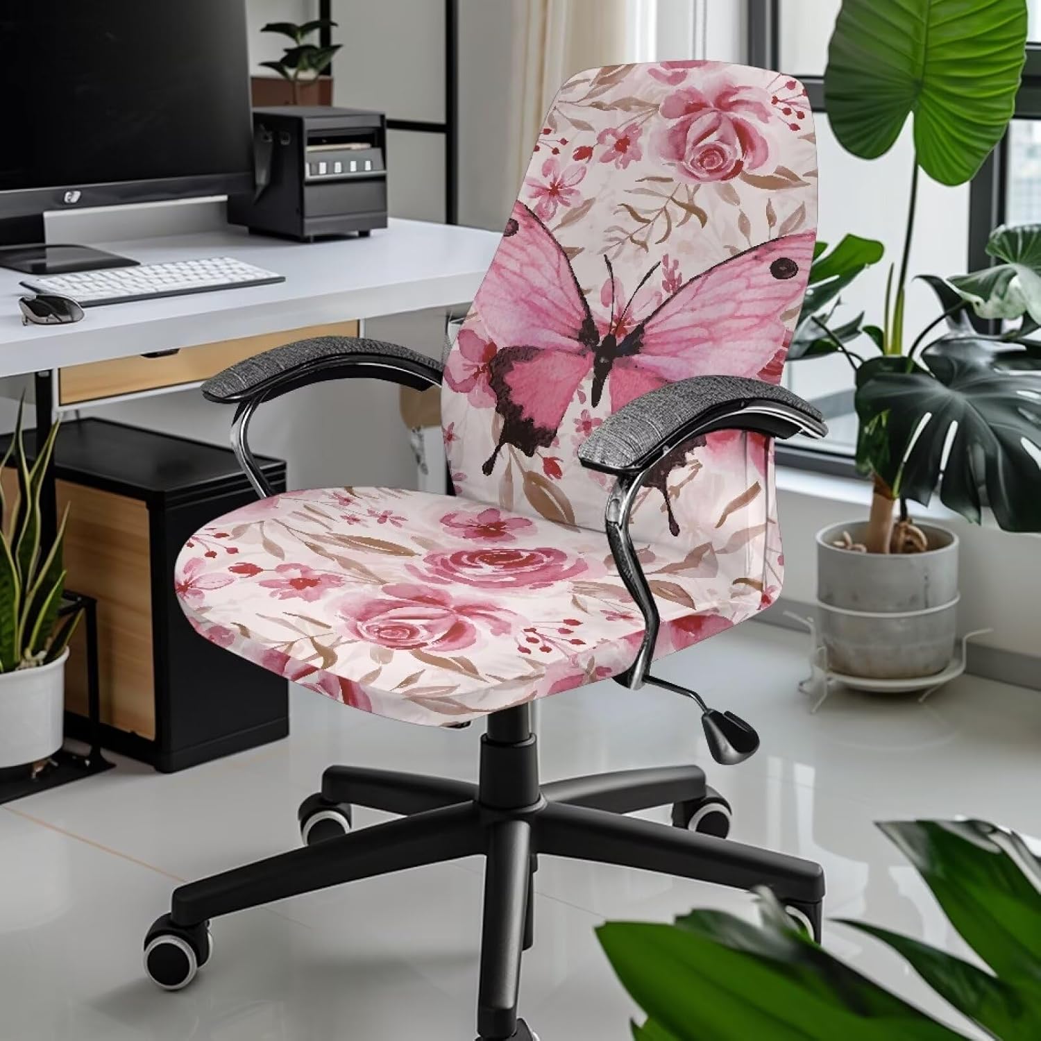 Wanyint Butterfly Rose Pink Office Chair Slipcover Universal Rotating Boss Chair Cover Dustproof Desk Chair Protector Stretchable Fabric Cover with Elatic Bottom, L