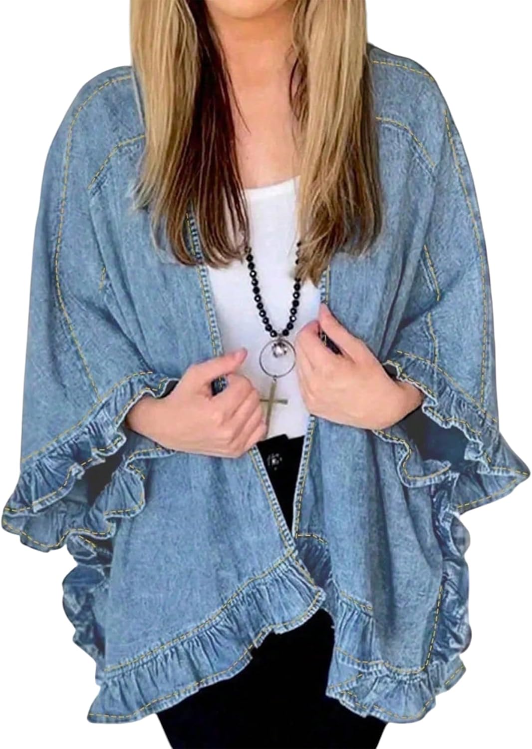 Women's Ruffled Denim Jacket 2025 Trendy Jean Jackets Vintage Loose Poncho Lapel Neck Irregular Denim Trench Coat