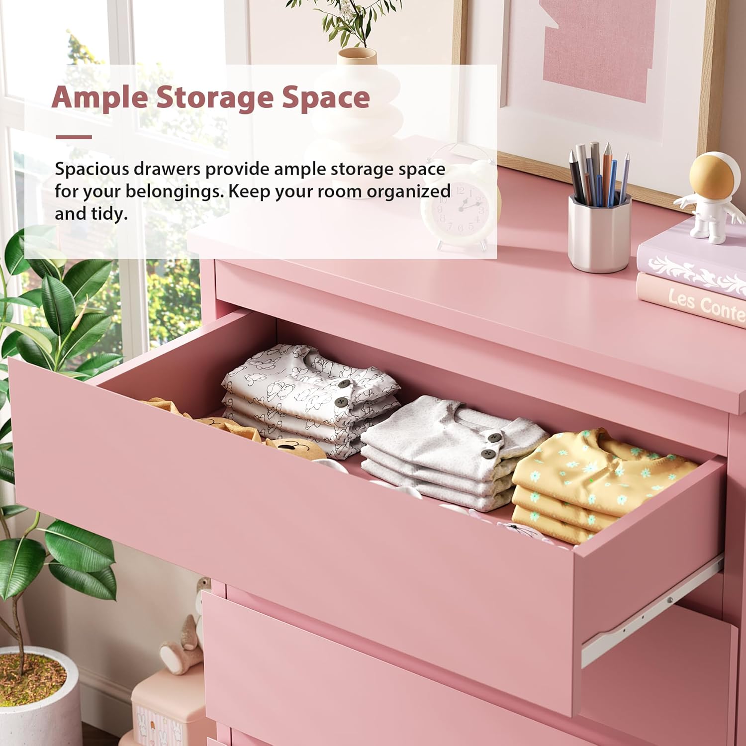 Pink 5 Drawer Dresser for Bedroom, 15" D x 23.7" W x 40.4" H in Simply Chest of Drawers, Wood Storage Dresser with Drawers for Living Room Hallway Entryway, Pink