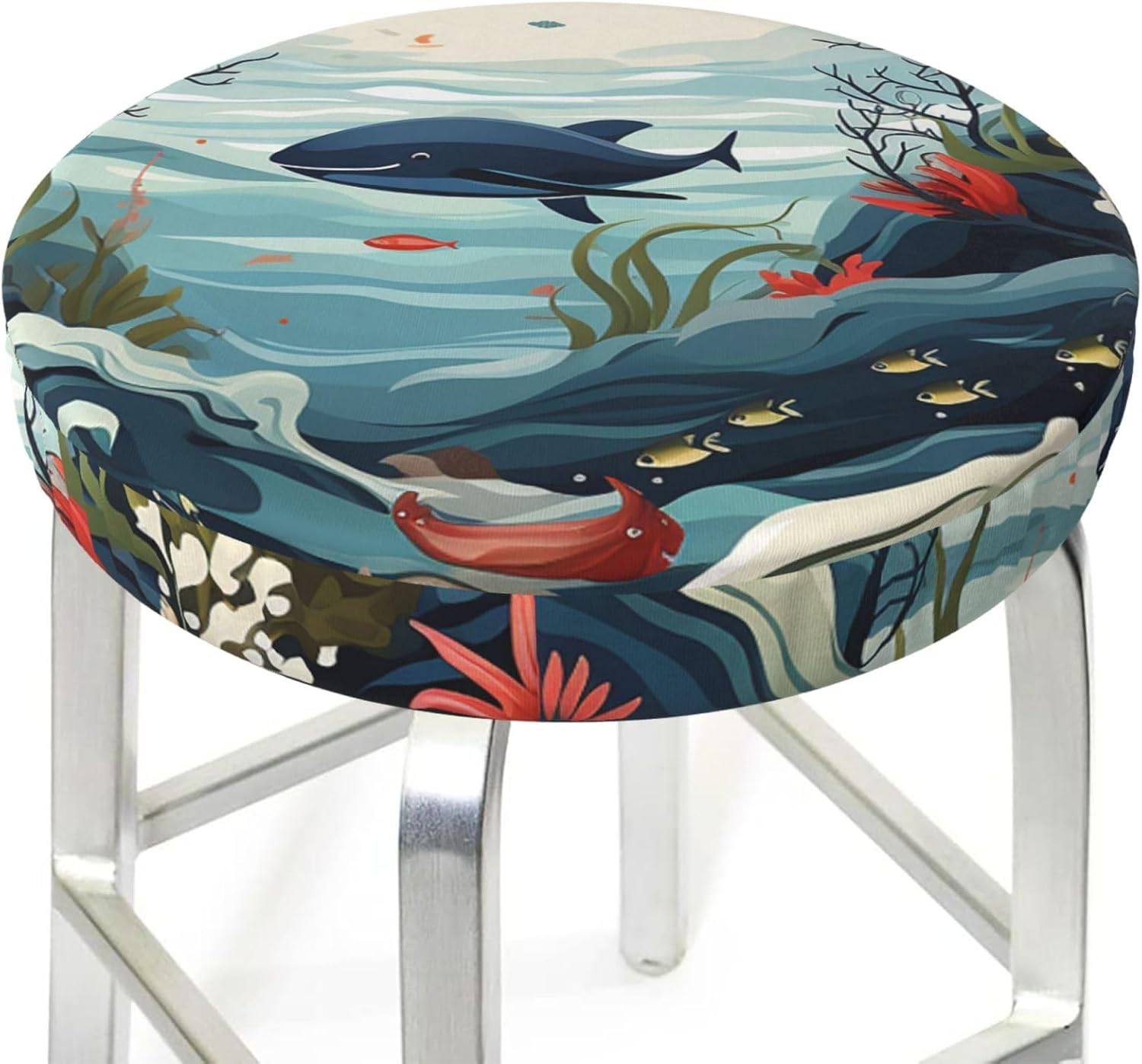 Bar Stool Cover Round Elastic Stool Cushion Covers Marine Pattern Bar Chair Cover Washable Stool Cushion Slipcover Stretch Stool Seat Covers for 12-14 Inch Chair