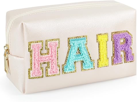 GINOYA Hair Chenille Letter Cosmetic Bag, Synthetic Leather,Travel Pouches | Synthetic leather cosmetic pouch with chenille letter patch, suitable for makeup, toiletries, travel and handbag storage