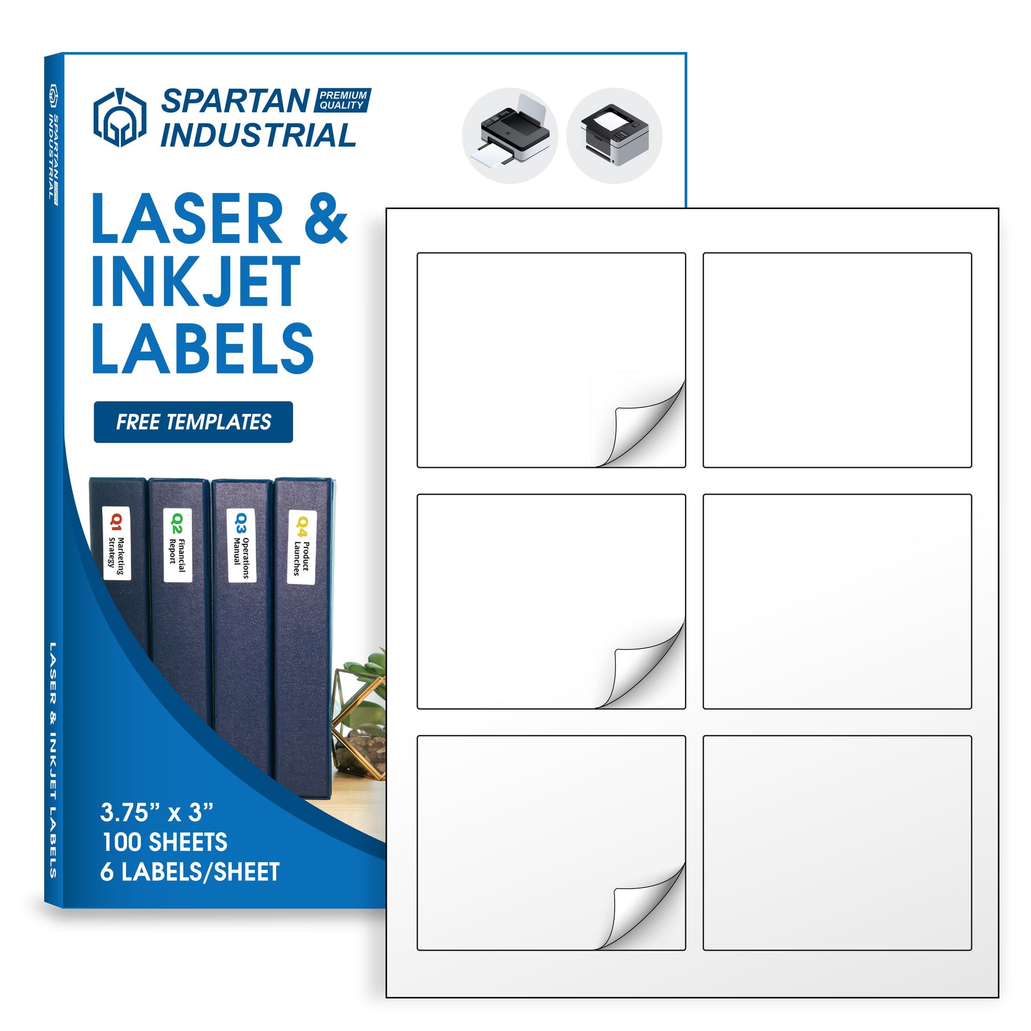 3.75" X 3" Matte White Printable Labels Compatible with Inkjet and Laser Printers - 100 Sheets, 600 Total Stickers for Bottles, Product Labeling, Mailing - Spartan Industrial