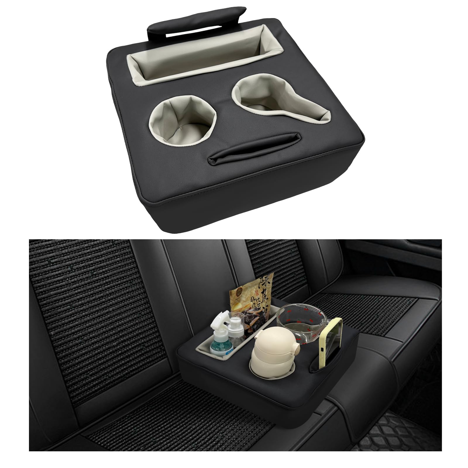 Organizador de asiento trasero de coche Kewucn, bandeja de cuero para tazas de sofá, almohada impermeable para guardar bebidas, refrigerios, teléfono, portavasos universal para coche, RV, sofá cama, color negro
