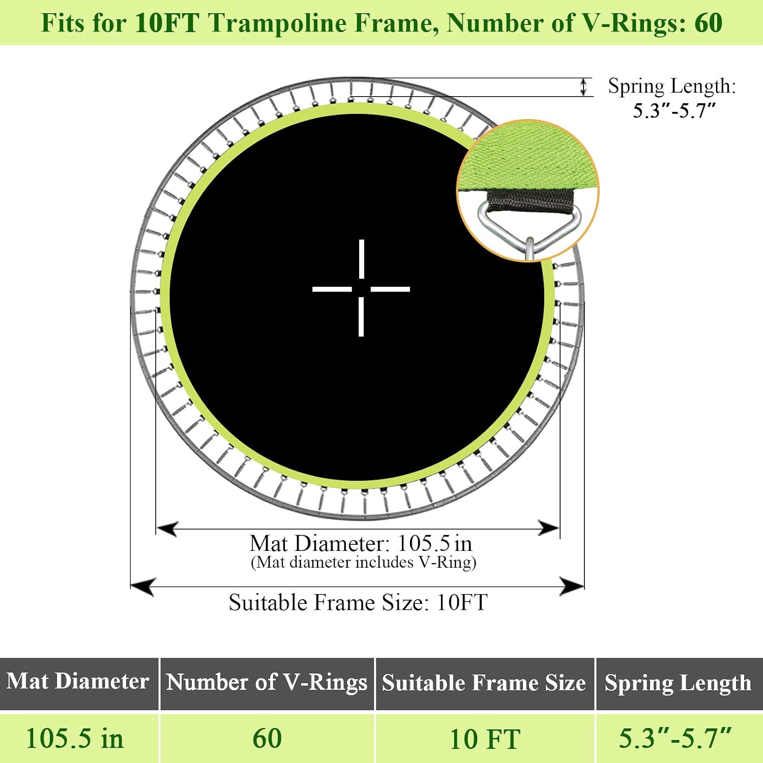 Trampoline Replacement Mat, Dia:105.5", Fits 10ft Frame, with 54/56/60/64 V-Rings for Choose and Spring Tool, Fits 5.3"-5.7" Springs, UV-Resistant