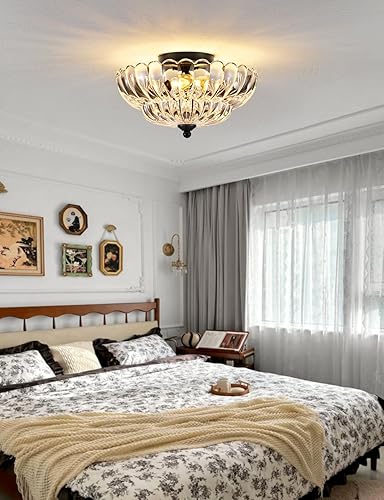 Miniatura 6 de Lámpara de techo semiempotrada de 3 luces, cristal vintage con marco de metal negro, iluminación moderna cerca del techo para dormitorio, cocina,