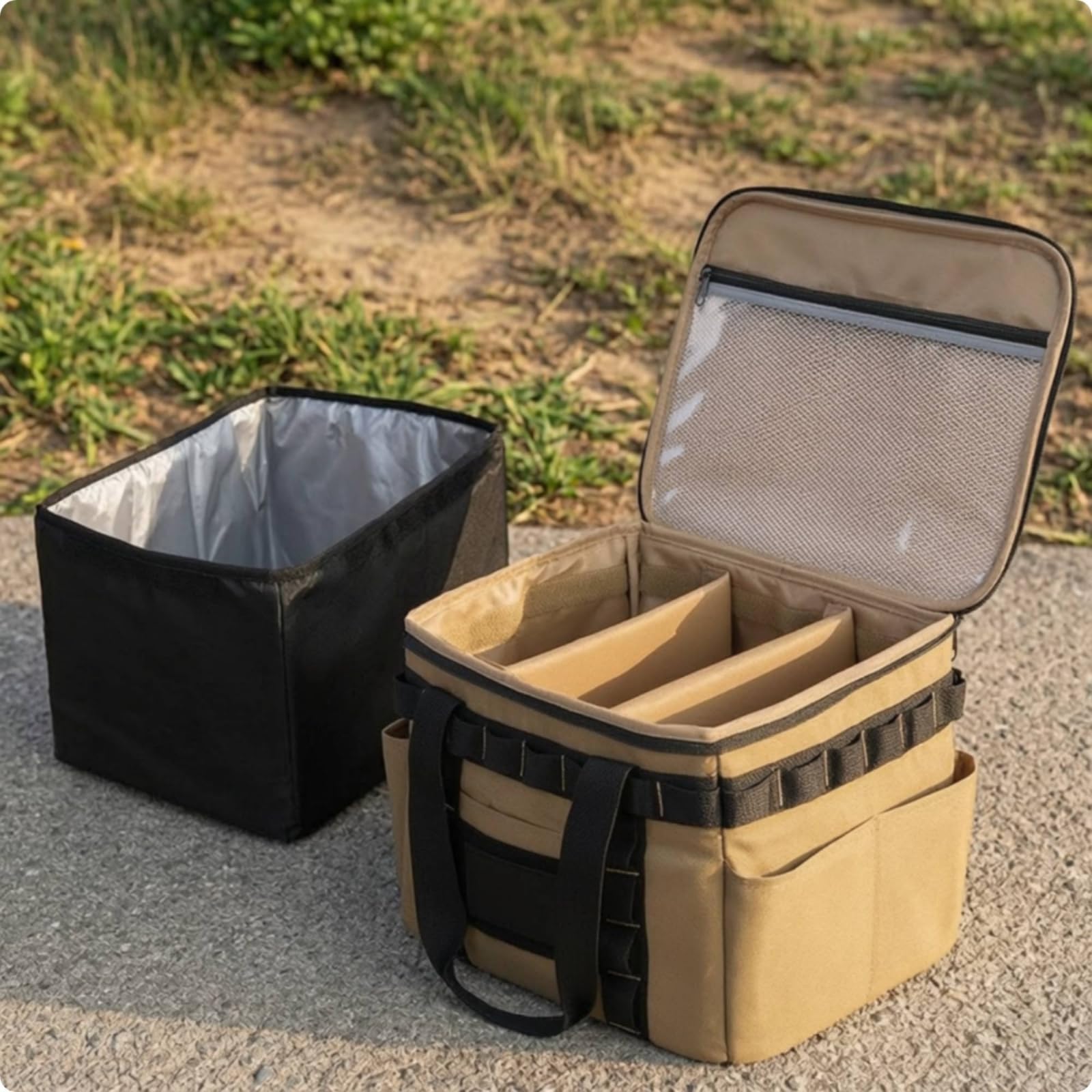 Outdoor Folding Light Borsa da Campeggio Organizer Contenitore Custodia con Scomparti in Poliestere Imbottito Portatile con Manici Adatto a Campeggio Viaggio Auto Picnic, Nero