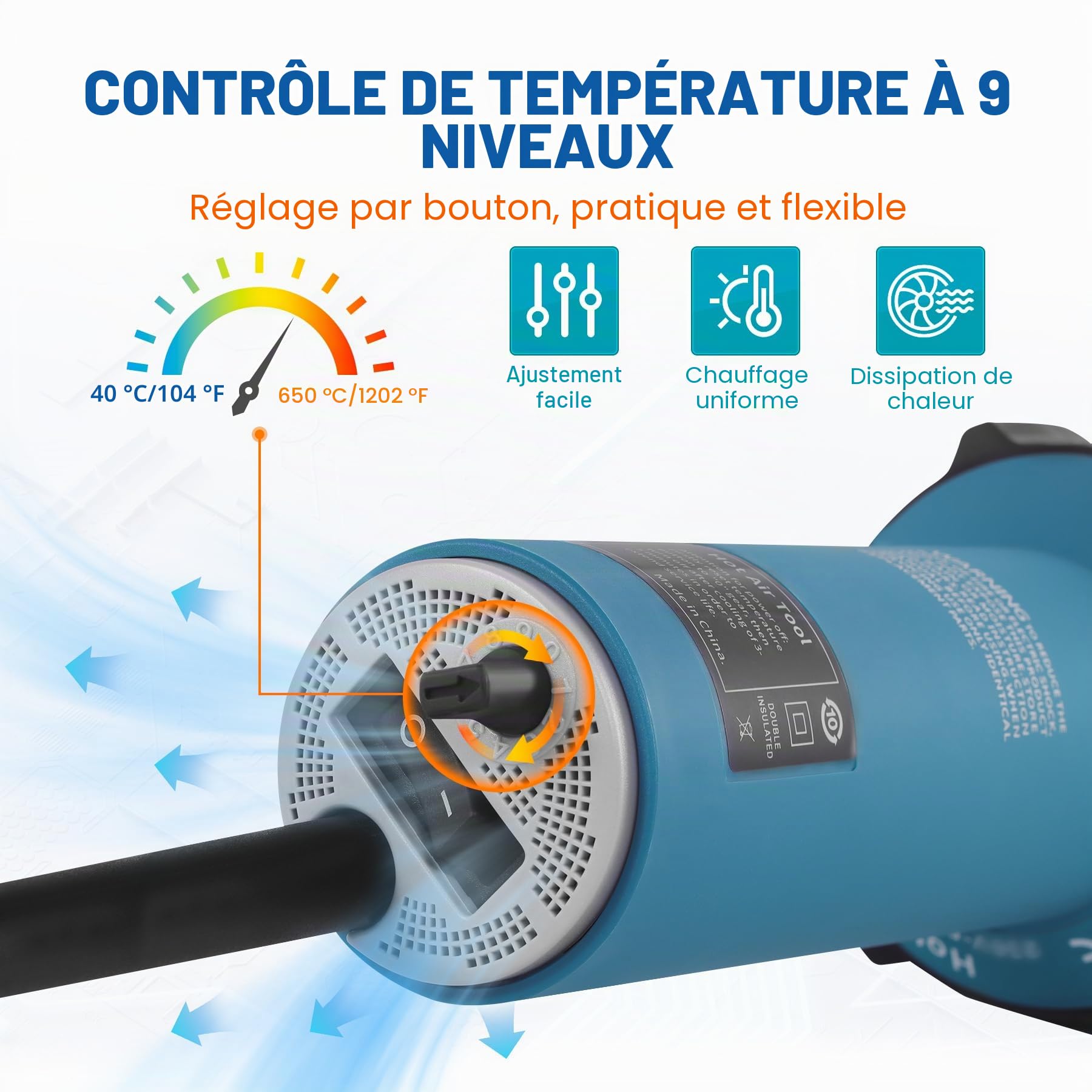 Lampe de poche à air chaud en plastique 110 V 1600 W avec buses et tiges en PE/PVC