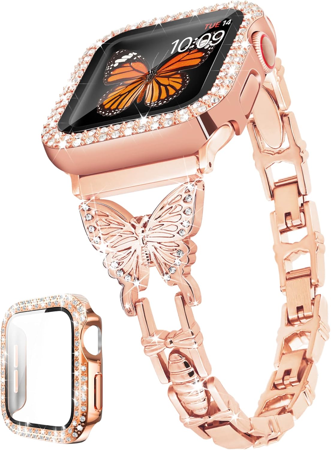 Butterfly Band Compatible with Apple Watch Band 44mm with Bling Case iWatch Series 6 SE 5 4, Cute Slim Metal Jewelry Bands for Women, Fancy Rhinestone Diamond Dressy Strap (Rose Gold)