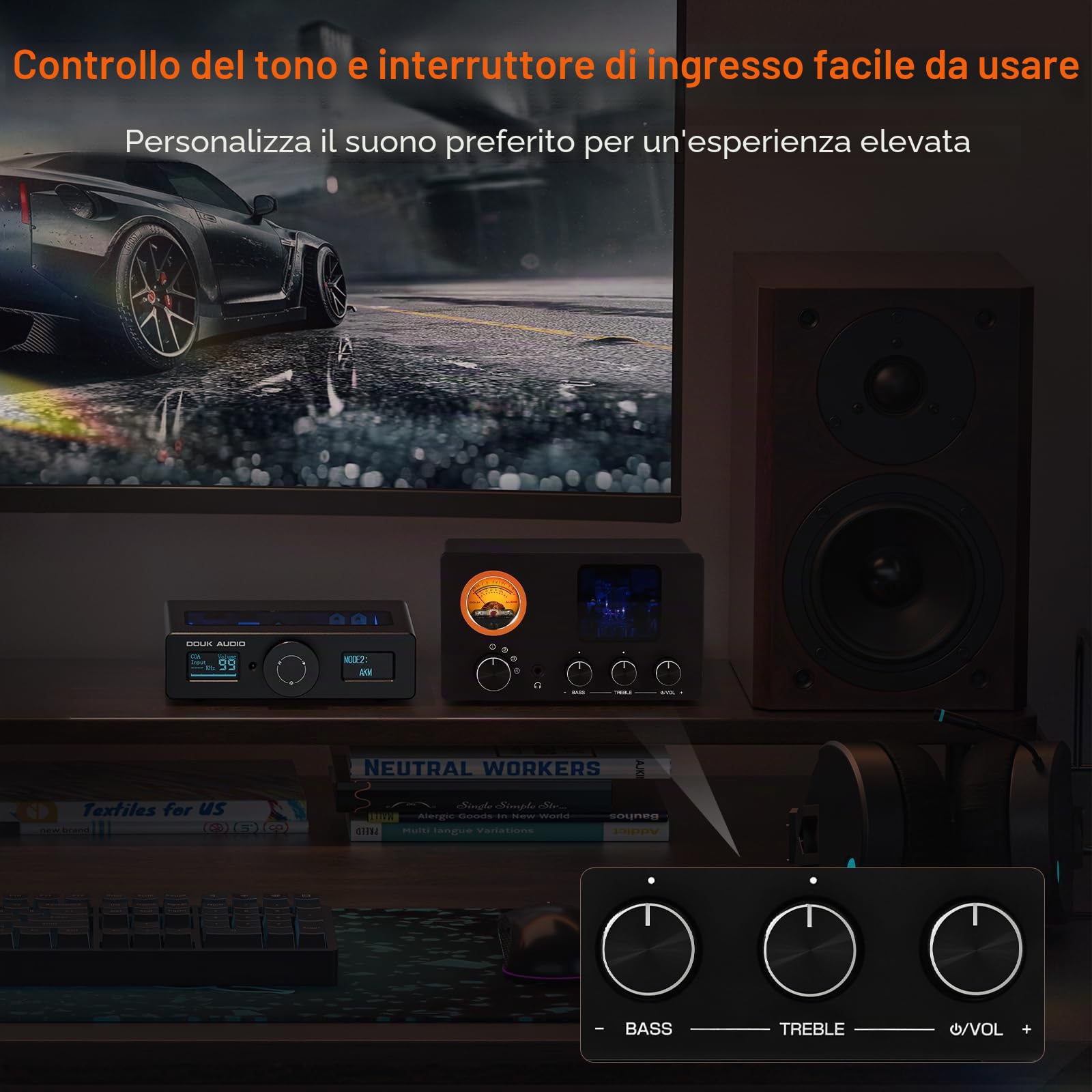 Douk Audio TUBE-T5C Preamplificatore per tubi: amplificatore per cuffie con metro VU, interruttore a 4 vie, tubo preamplificatore con regolazione del suono per ricevitore, amplificatore, altoparlante