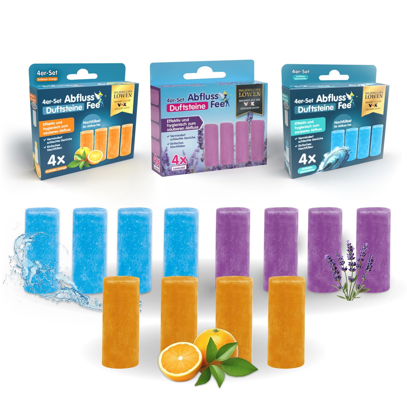 ABFLUSS-FEE 12er Nachfüll-Set für Abflussfee Waschbeckenstöpsel Reinigungssteine Abflüsse jeder Art, Frische Duft Bundle [Lavendel, Orange & Meeresbrise] (Meeresbrise, Orange, Lavendel)