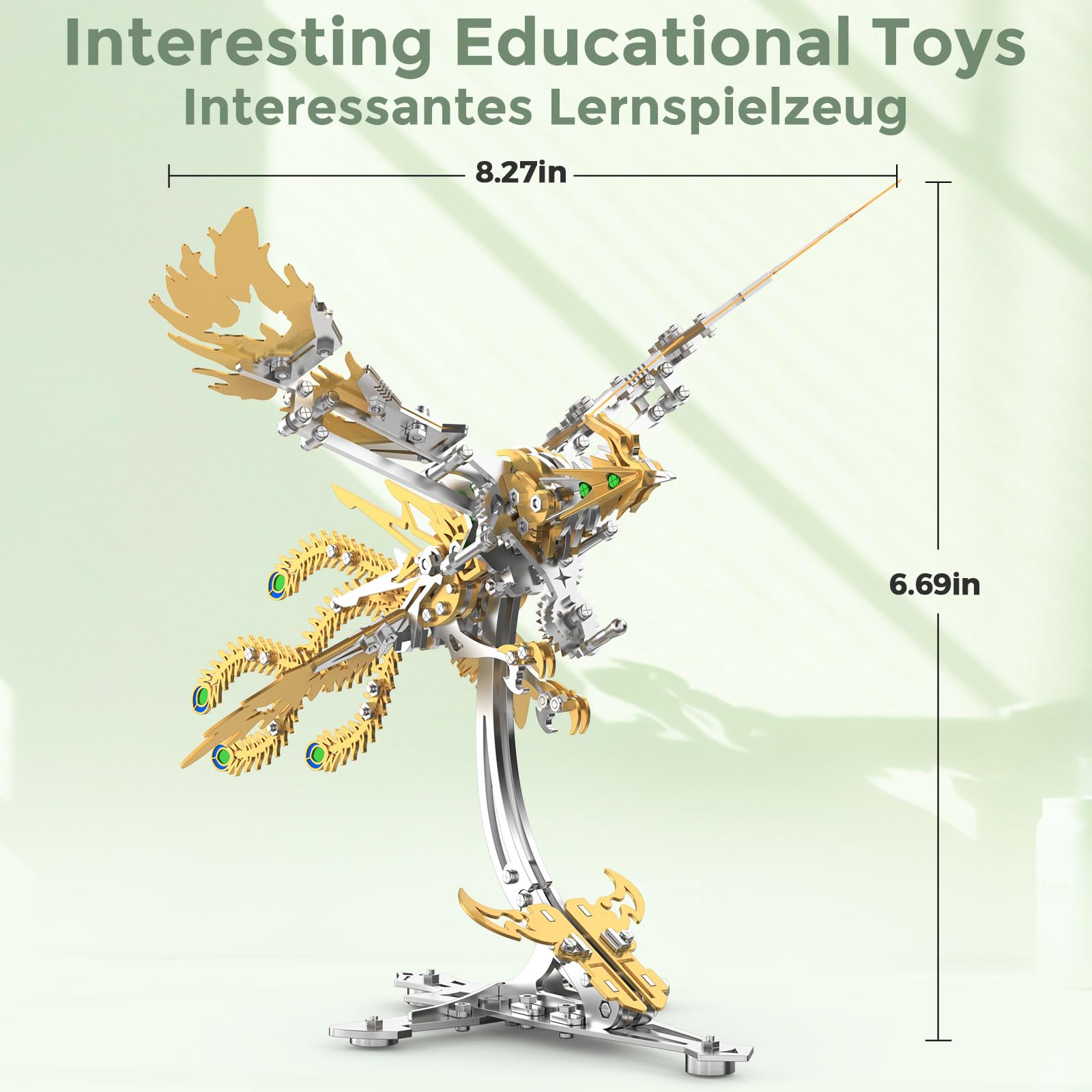 Metalowy zestaw montażowy 3D, smok, złoto-srebrny, dwukolorowy, model mechaniczny z zielonymi akcentami, stojak na wyświetlacz w zestawie
