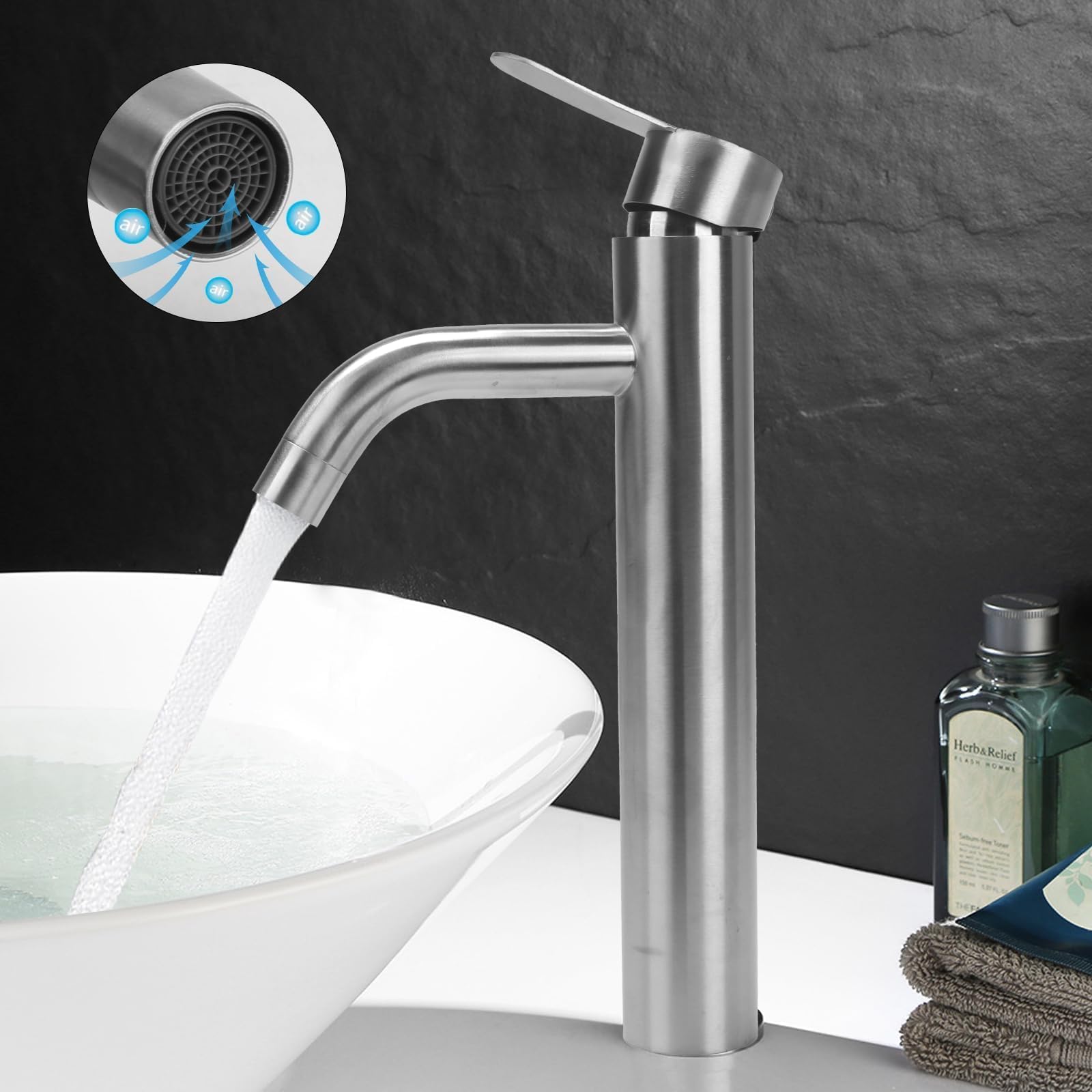 Mitigeur Lavabo Salle de Bain Haut Robinet Salle de Bain Brossé | Robinet Salle Bain avec Bec Hauteur 170mm Robinet de lavabo haut Mitigeur Salle Bain Contrôle de l'eau Chaude et Froide