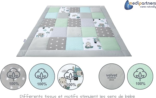 Medi Partners Tapis d'éveil Bebe de sol Motricité bébé parc Enfant jeux 120x120cm - 100% Coton Couverture Naissance pliable Multifonctionnel Mat Épais Doux Eveil Oeko-Tex (Zoo de la menthe) - 4