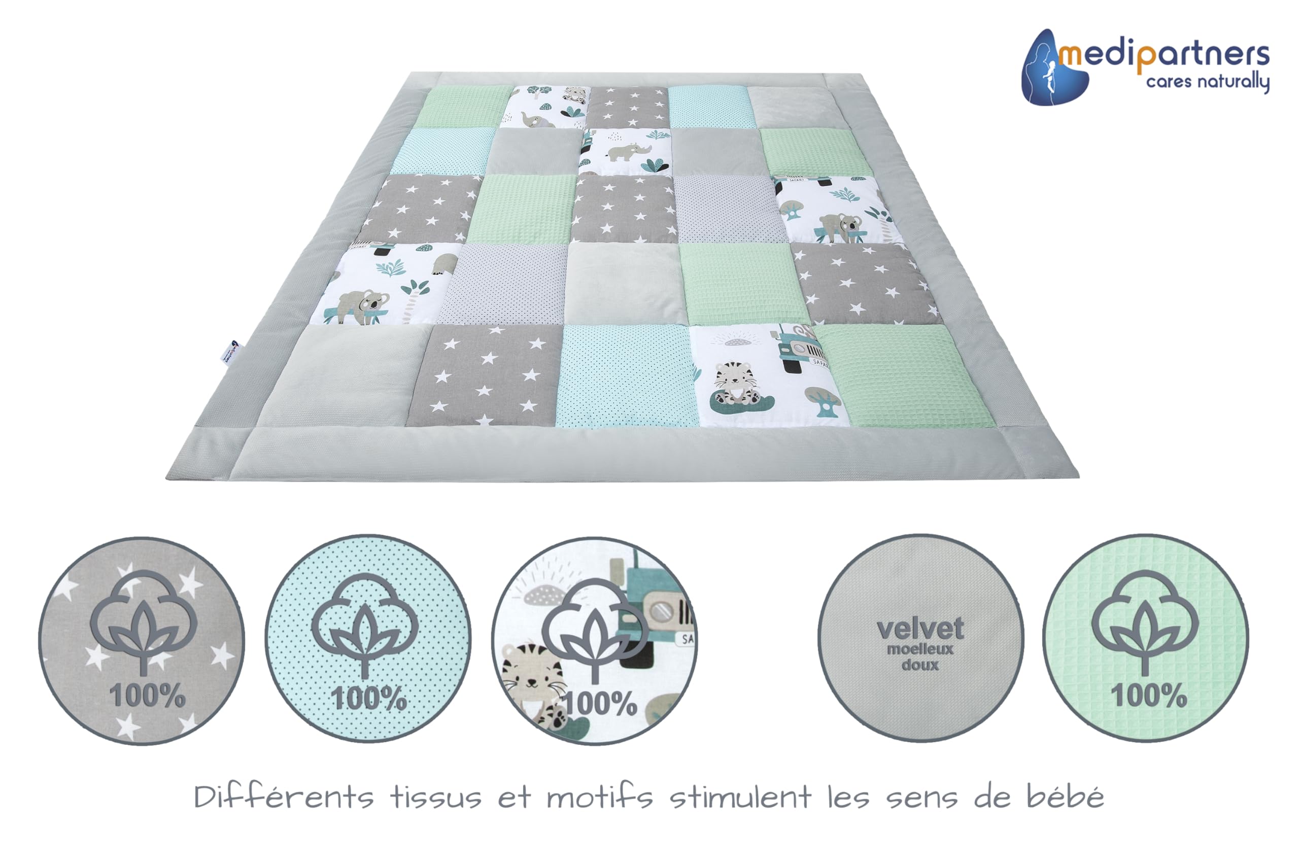 Medi Partners Tapis d'éveil Bebe de sol Motricité bébé parc Enfant jeux 120x120cm - 100% Coton Couverture Naissance pliable Multifonctionnel Mat Épais Doux Eveil Oeko-Tex (Zoo de la menthe) - 4