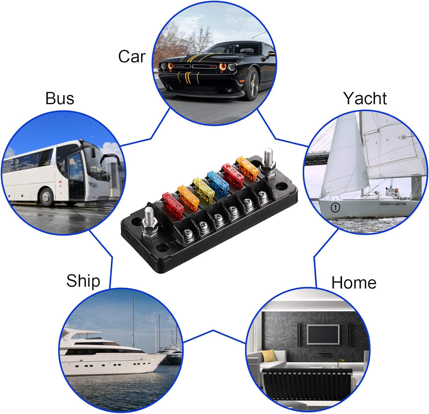 6-Way Automotive Fuse Box Holder 6 Circuit Fuse Holder, 24 Pieces 5A 10A 15A 20A Fuses, 16 Pieces Wire Lugs Rings U Shaped Terminal Connectors, 2 Sets Label Stickers, 4 Pieces Screws for Car Boat : Automotive