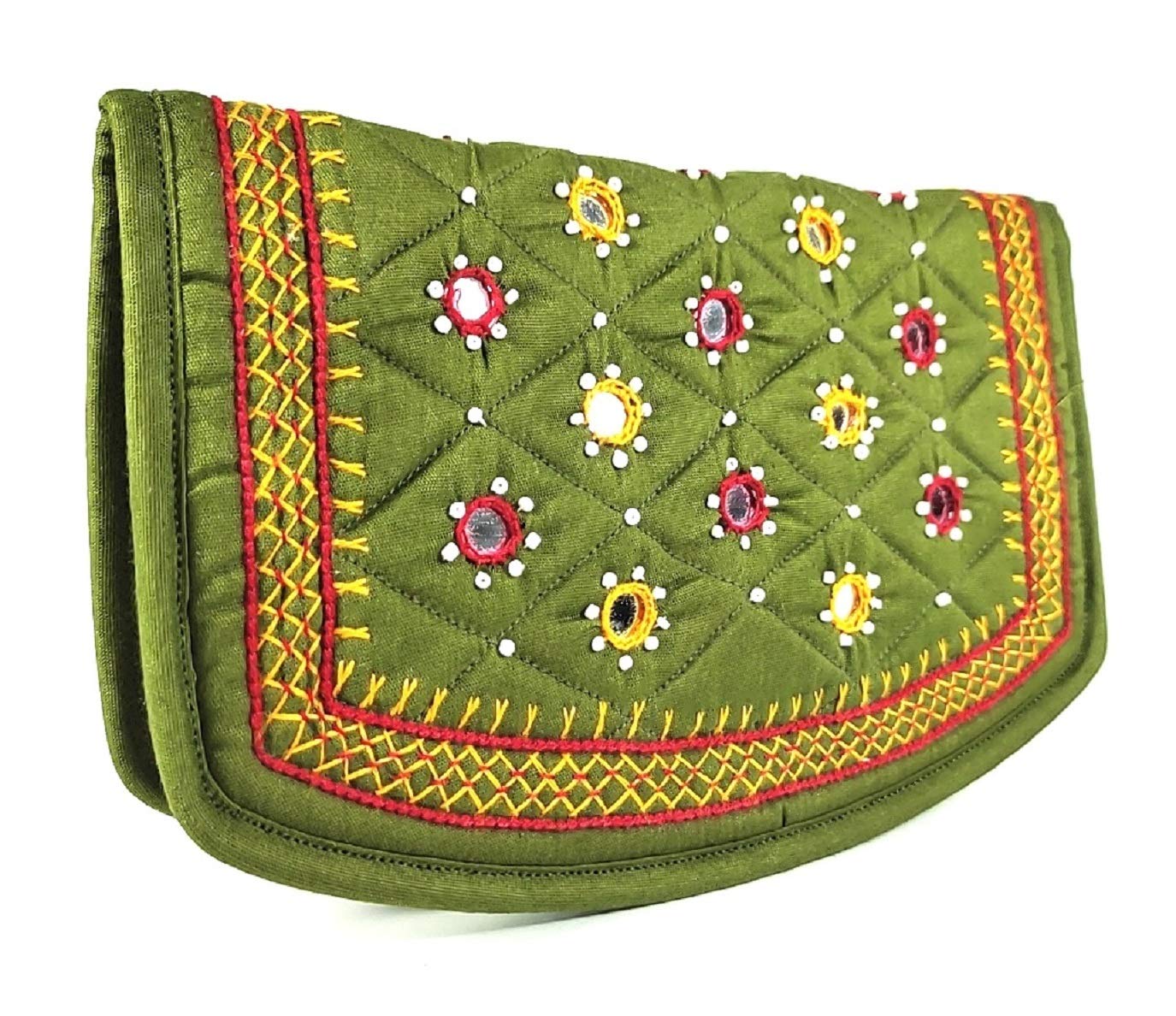 SriShopifyHandicrafts Women’s Hand purse Banjara Traditional Clutches, Cotton handmade HandPurse ladies wallet (Medium 8.5 Inch, Mehandi Green, Mirror, Beads and Thread Work Handcraft)