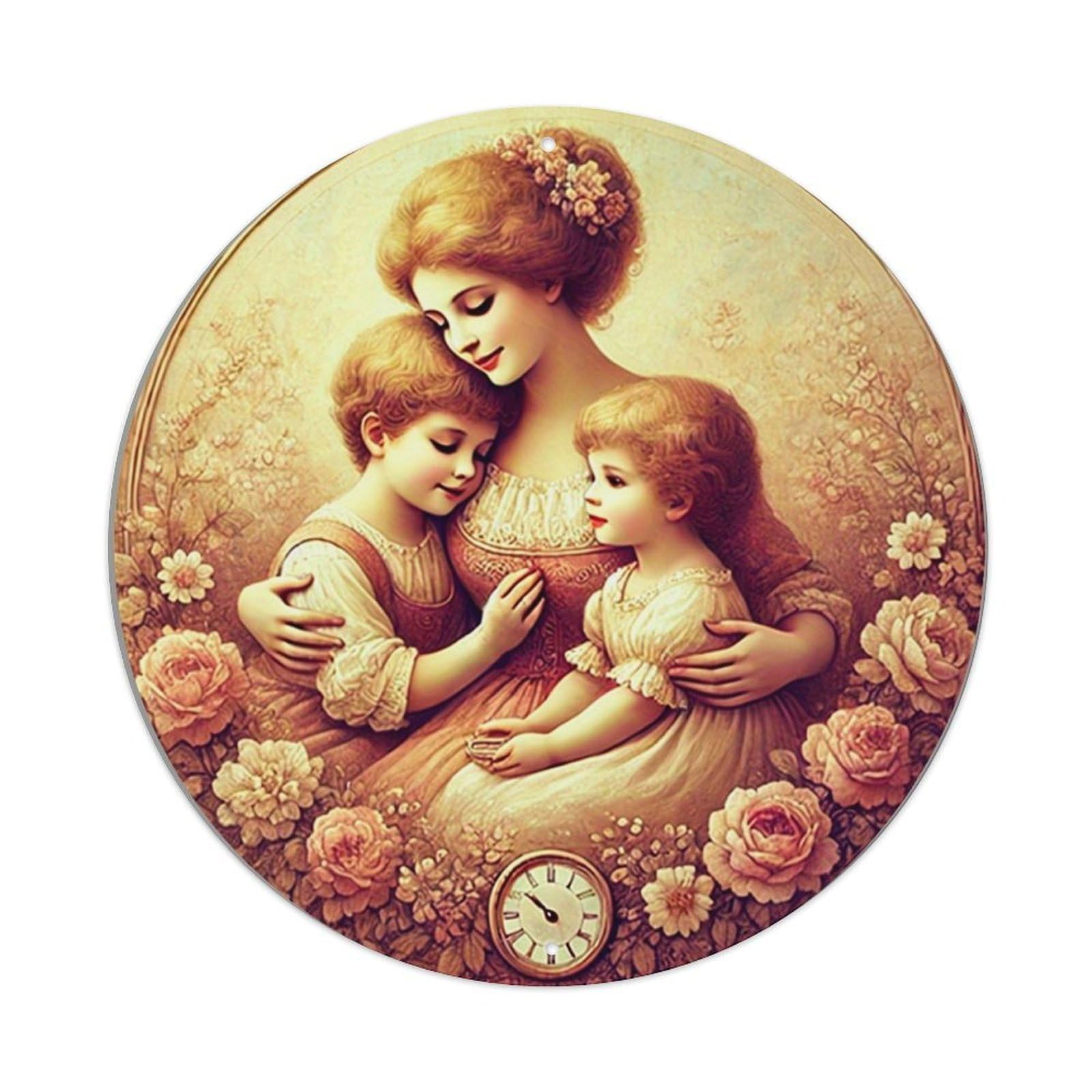 Mother And Children Floral Clock Tin Sign Metal Poster Vintage Metal Signs for Home Man Cave Bar Cafe Kitchen laundry room Wall Decorations 8x8 inches