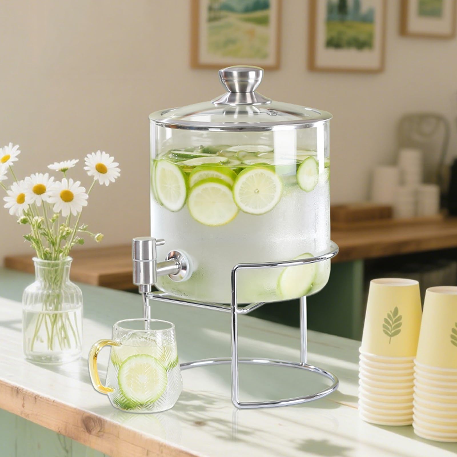 YXZQLOZ Glass beverage dispenser with stand for hot and cold drinks at parties and various events. (1.3 Gallon (5L))