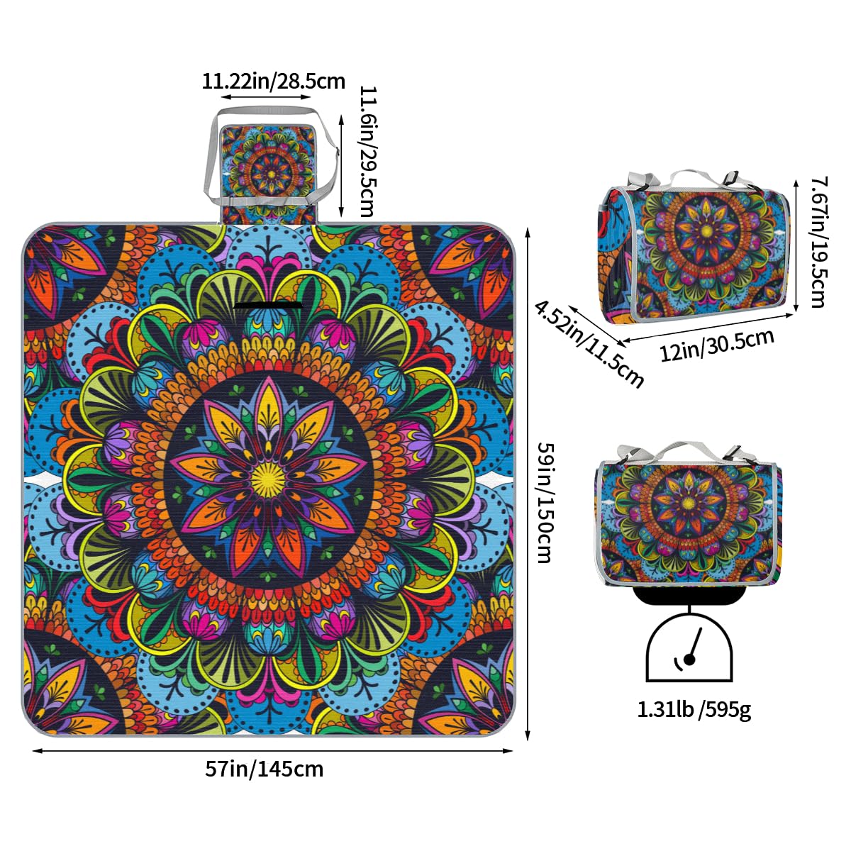 Shimoshe Picnic Blankets 57”x 59”, Indian Tribe Mandala Waterproof Sandproof Picnic Mat Lightweight Foldable Beach Blanket for Camping Park Grass Beach Outdoor Blanket