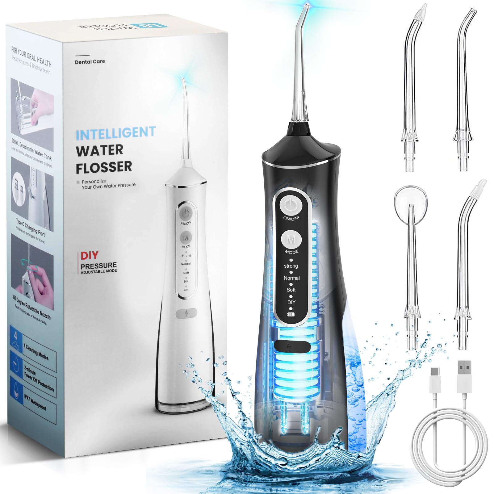 Cordless Water Flosser, 300ML Electric Portable Dental Flosser with 4 Modes IPX7 Waterproof Oral Rechargeable Travel Irrigation Cleaner Flossing Machine for Home & Travel, Size-L8-72, White-l8-72