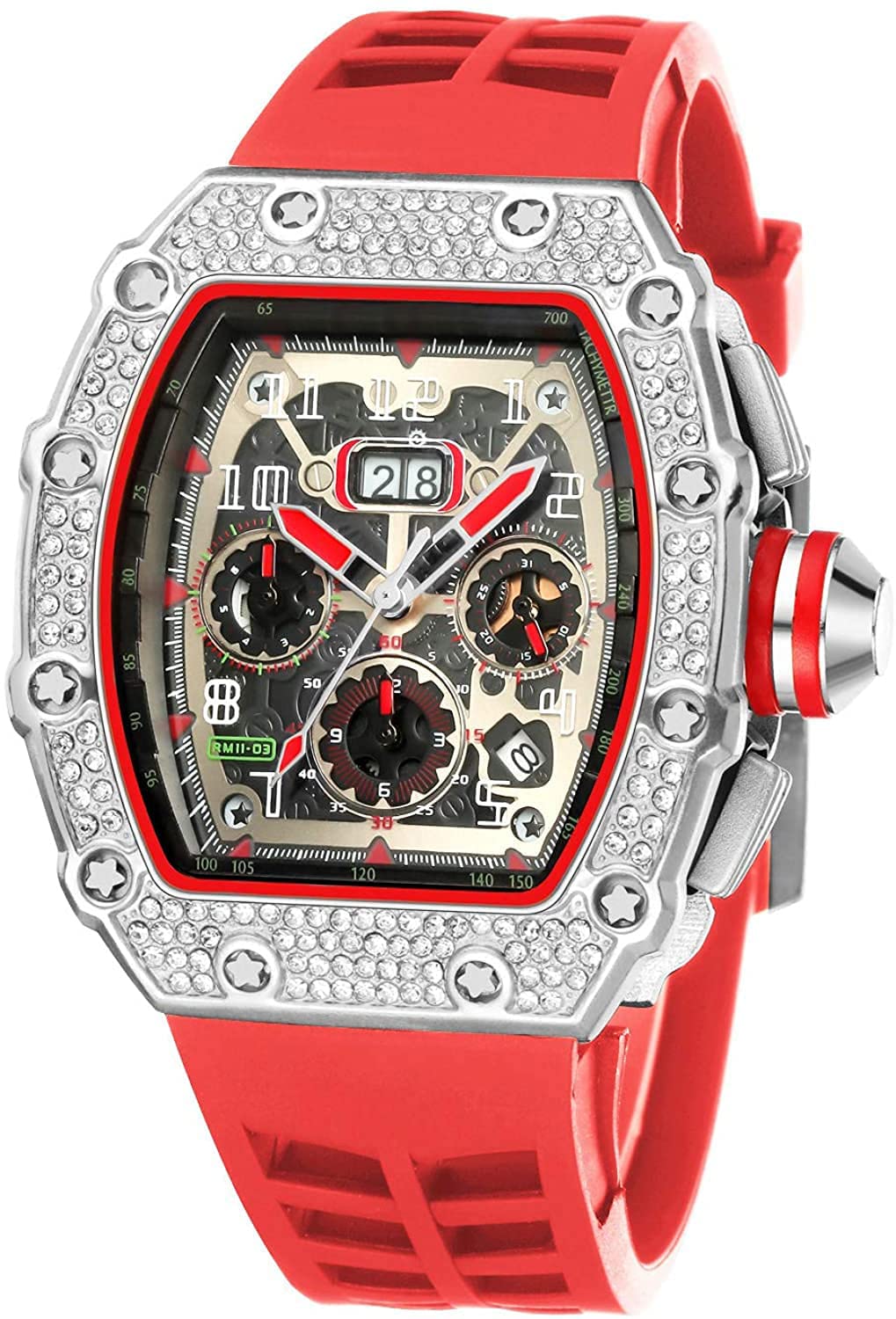 FANMIS Mens Bling Punk Diamond Chronograph Watches Fashion Style Silicone Band Sports Wrist Watch