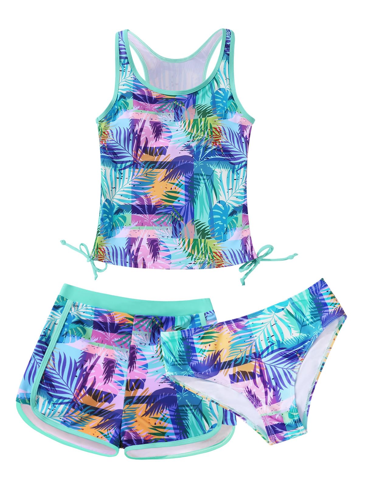 Patgoal Girls 3 Piece Bathing Suit Summer Racerback Top Bikini Swimsuit with Shorts Beach Tankini Sets