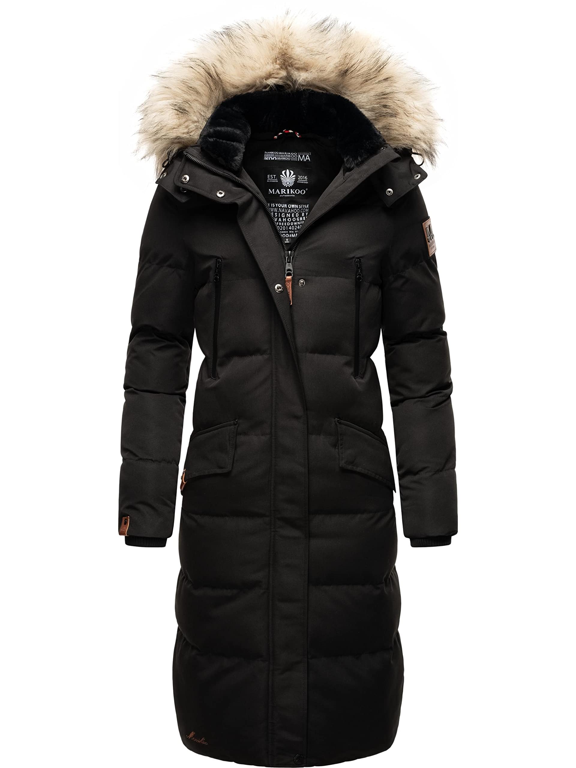 Marikoo Women's Black Winter Coat, Warm Quilted Coat, Long With Removable Faux Fur And Hood, Snow Star, Xs–Xxl, S