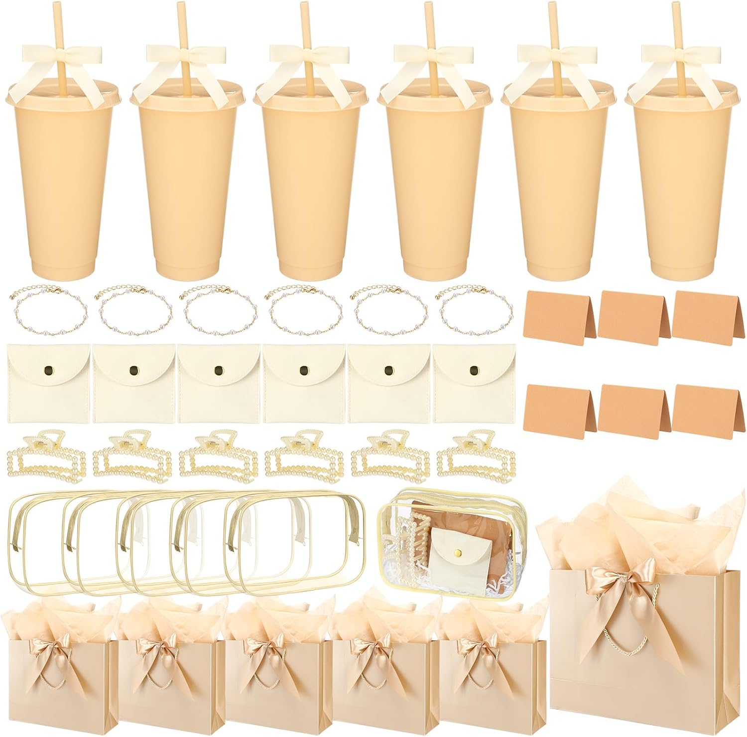 Shinylin 68 Pcs Bridesmaid Proposal Gifts Set Baby Shower Prizes for Winners Adults Bridal Shower Gift Cups Makeup Bag Card Hair Clips Pearl Bracelet Jewelry Bag for Bachelorette Party(Beige)