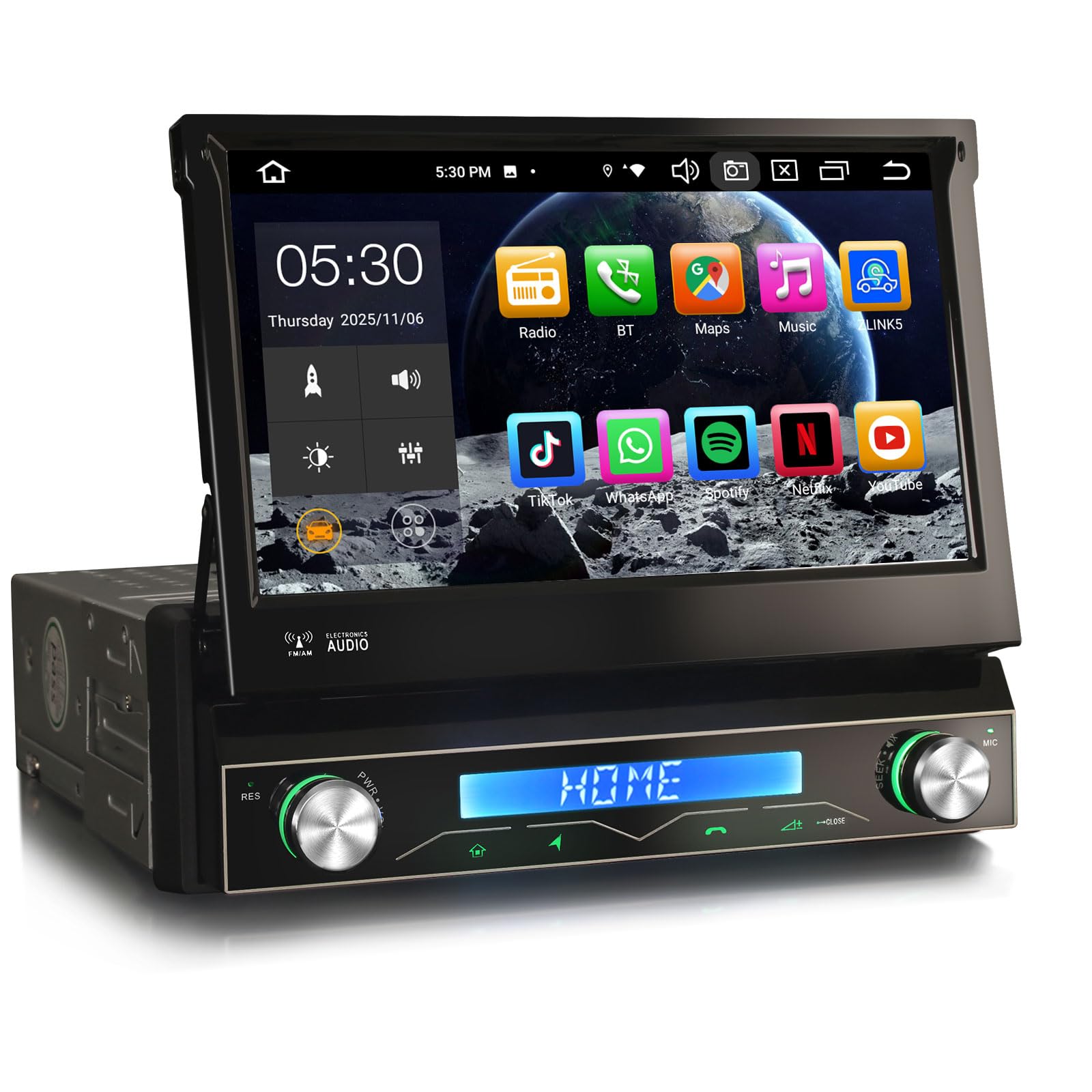 Erisin 8-rdzeniowy 4 GB + 64 GB Android 14 1 DIN radio samochodowe, wysuwany nawigacja GPS, ekran dotykowy 7 cali, HD IPS, zintegrowany bezprzewodowy CarPlay Android Auto Bluetooth 5.0 DSP OBD2 TPMS