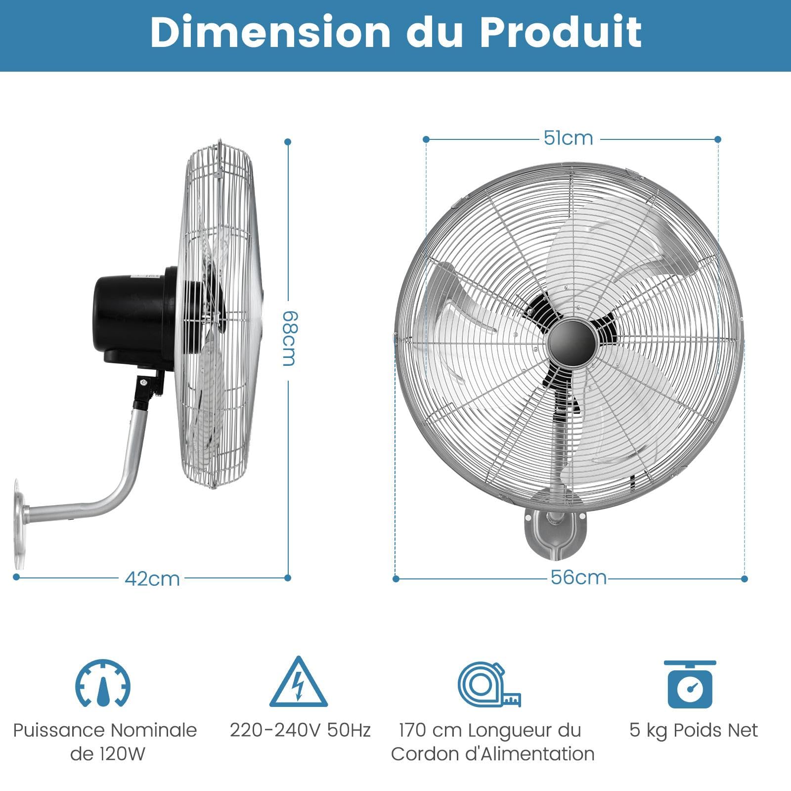 GOPLUS Ventilateur Mural φ56cm avec 3 Pales Aluminium, Ventilateur 3 Vitesses, Inclinaison 30° & Oscillation 85°, Grille Sécurité et Panneau Contrôle, pour Patio, Garage, Bureau (Argent)