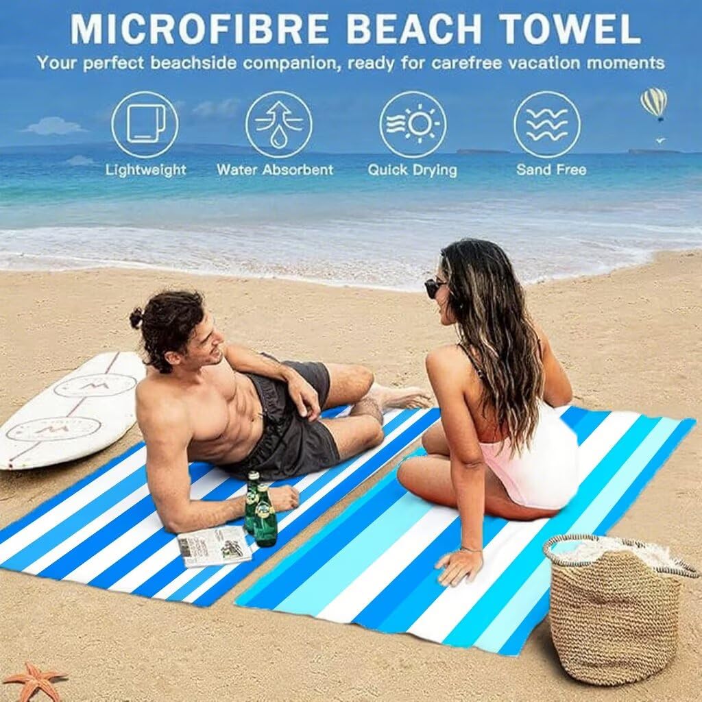 Niebieski ręcznik plażowy dla dorosłych, ręcznik z mikrofibry 100 x 200 cm, duży, 2 sztuki, ręczniki kąpielowe, unikalne zatrzaskowe, chłonne, szybkoschnące, odporne na piasek, lekka konstrukcja, do