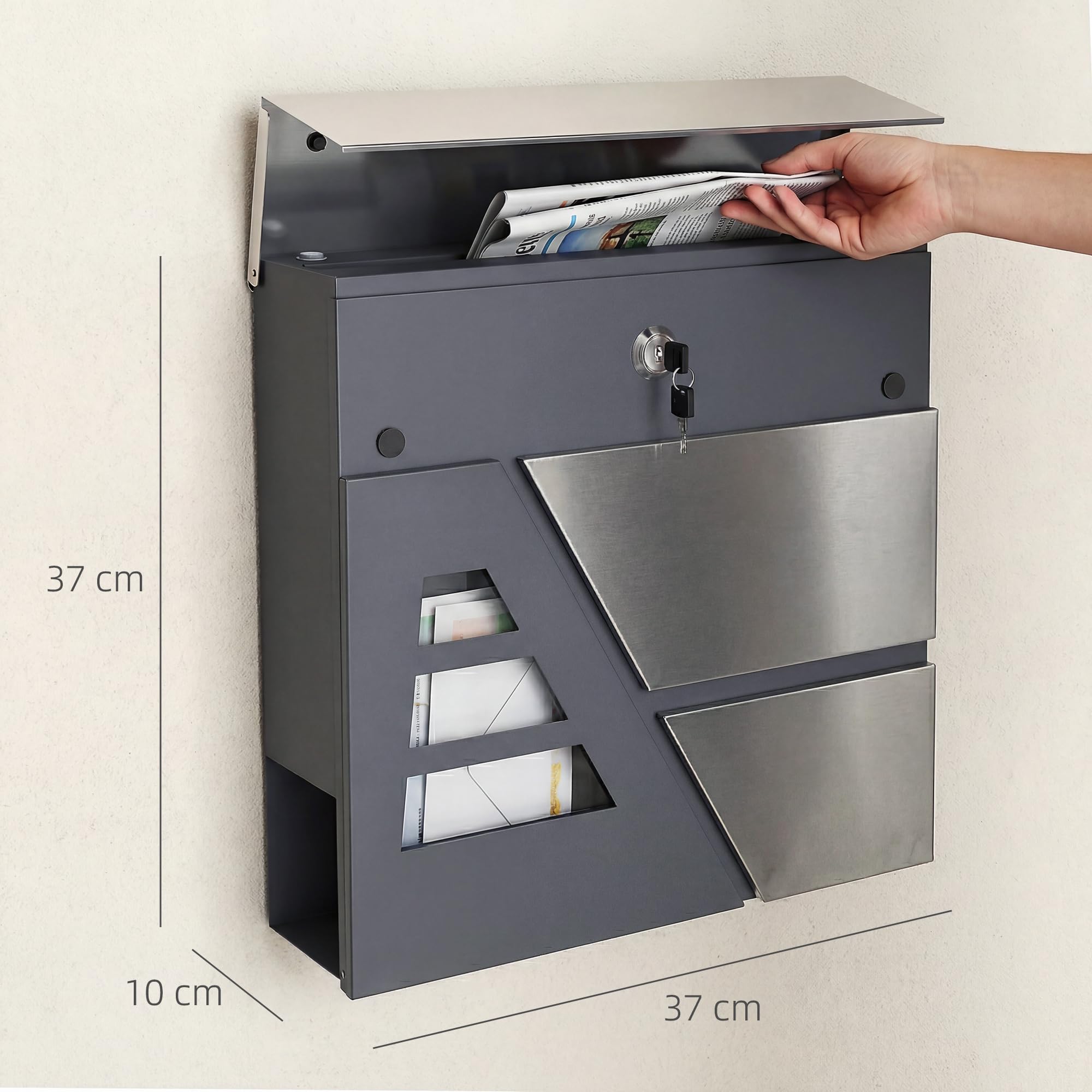 HOMCOM Buzón Exterior de Acero Inoxidable, 13 L, Buzón de Pared Correo con Cerradura y 2 Llaves, Cierre Silencioso, Tapa Antilluvia, Soporte para Periódicos, Moderno, Fácil de Instalar, Gris Oscuro