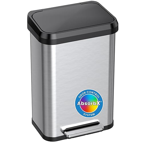 iTouchless SoftStep EXP - Cubo de basura con pedal de 13.2 galones, con filtro de olores AbsorbX, basurero de acero inoxidable con plástico a prueba