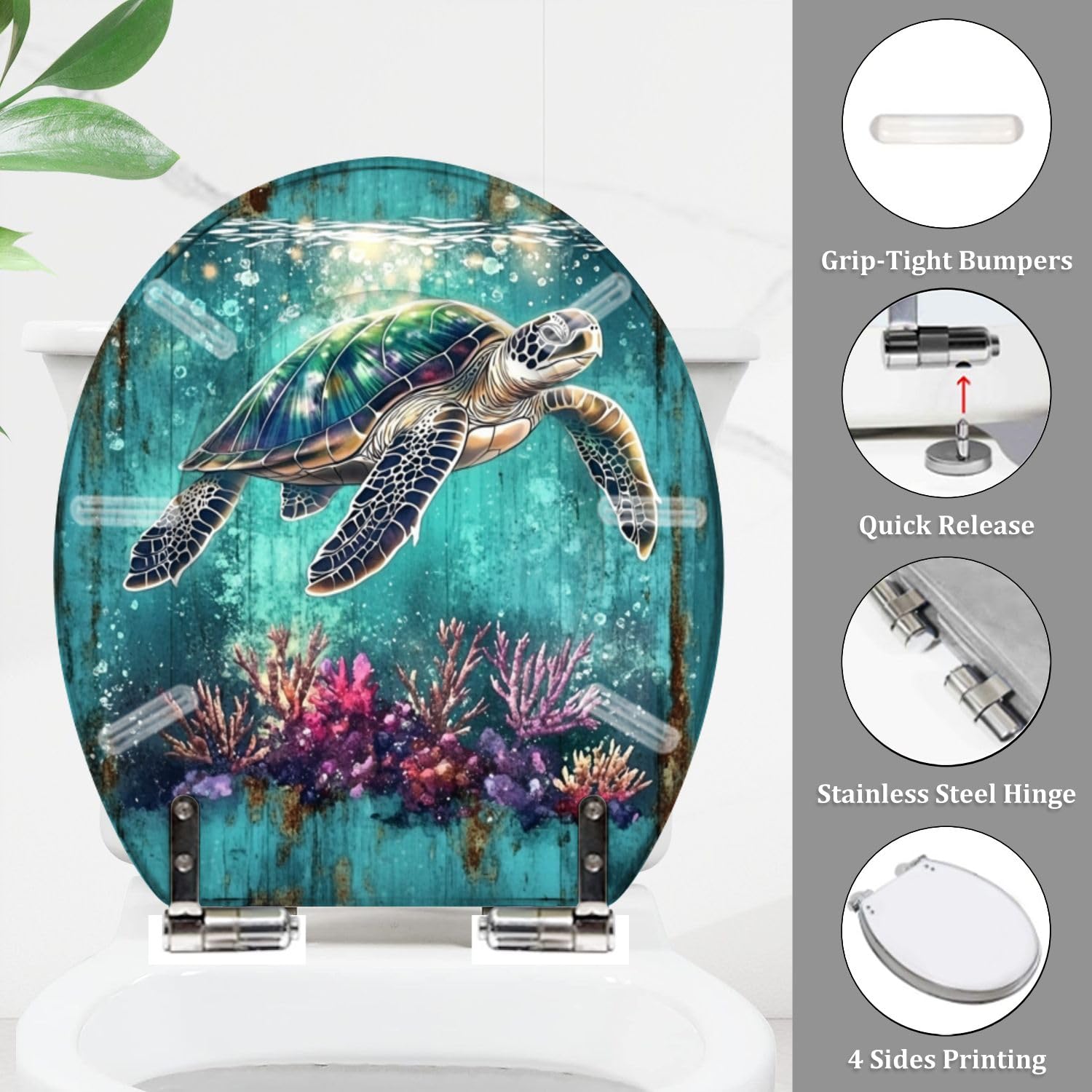 Asiento de inodoro redondo decorativo con bisagras de liberación rápida para baño.