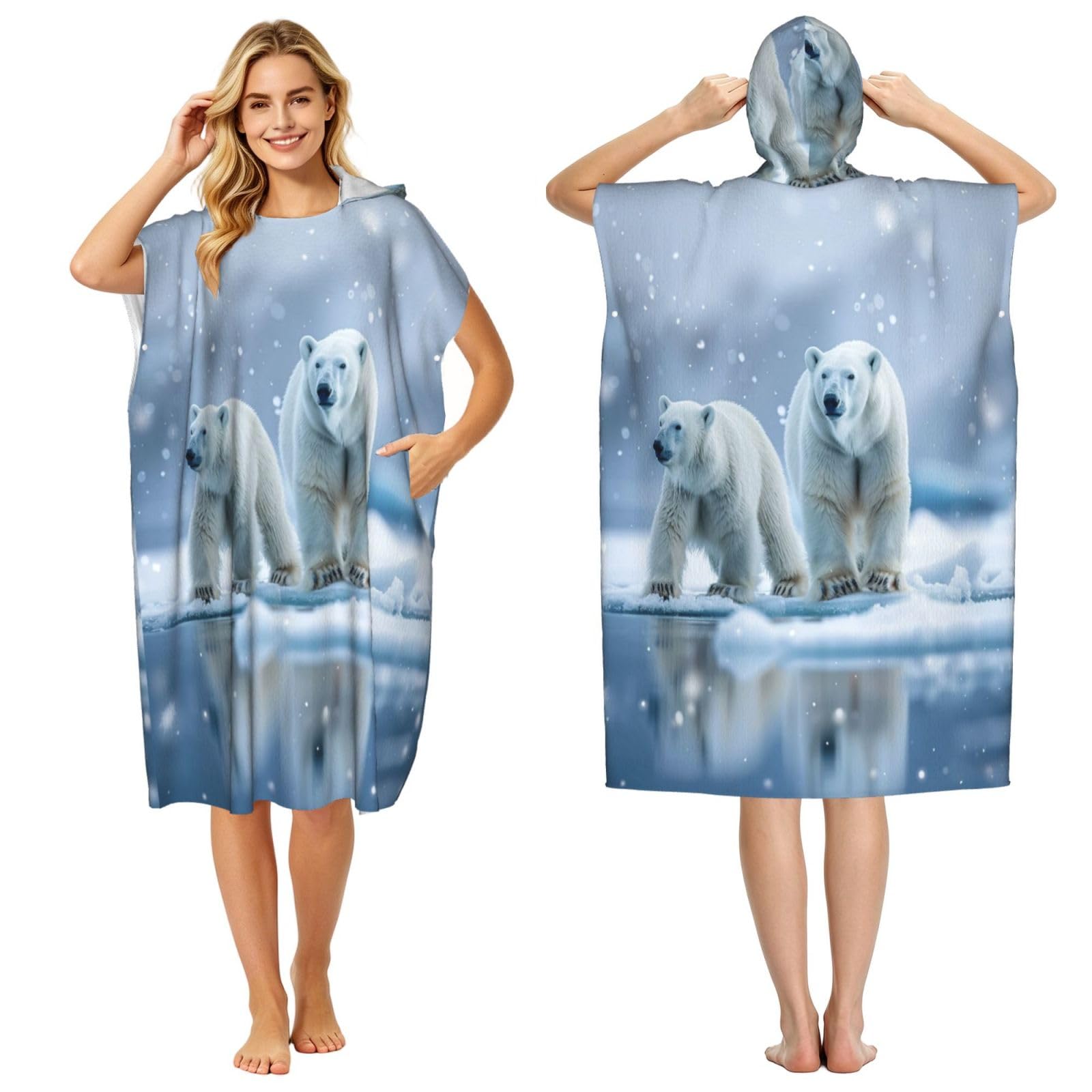 DTHKJNLSF Polar Bear In Snowy Weather Adult Hooded Beach Poncho Towel