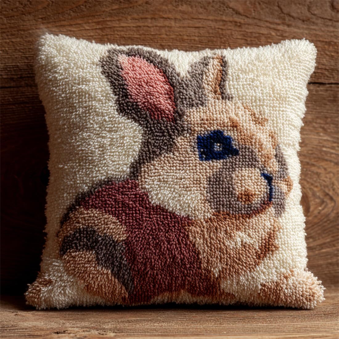 Kitquiver Animal Latch Hook Pillow Kit Cartoon Rabbit DIY Latch Hook Kits Pillow Printed Cushion Crochet Yarn 3D Embroidery Set Pillowcase Rug Home Decor 17x17In