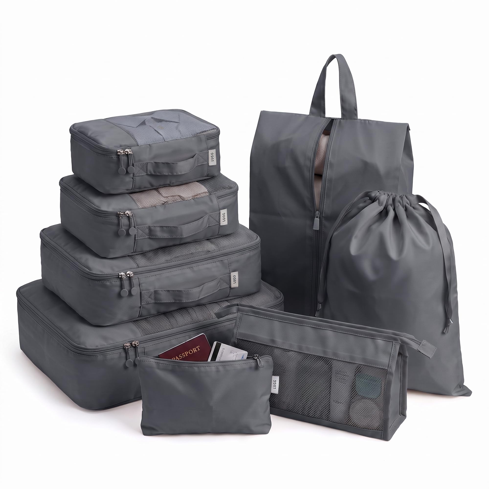 Lugg Unisex Grey 8 Set Compression Packing Cubes For Suitcases – Suitcase Organiser Set In