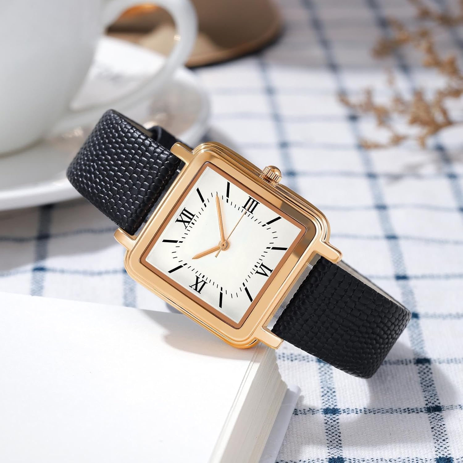 findtime Retro Square Watches for Women Relogio Feminino Elegant Leather Stainless Steel Band Ladies Analog Quartz Wrist Watch 3 ATM Water Resistant with Roman Numerals Dial - Image 2