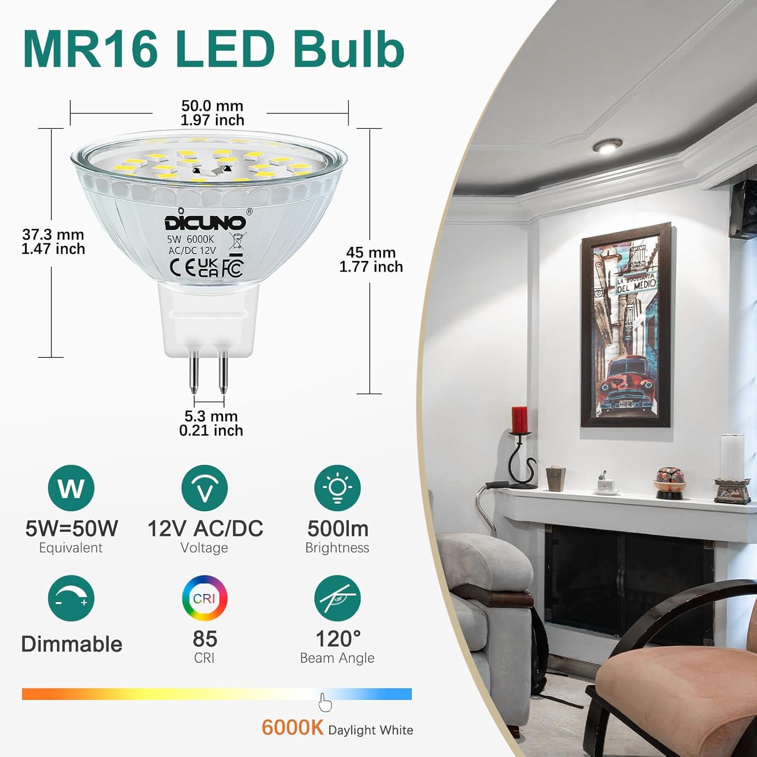 DiCUNO MR16 LED Bulbs Dimmable Daylight White 6000K 50W Halogen Equivalent 12V AC/DC, 5W GU5.3 Bi-Pin Base Bulb, 120 Degree Beam Angle 500LM, Landscape Light Recessed Track Lighting, 10 Pack