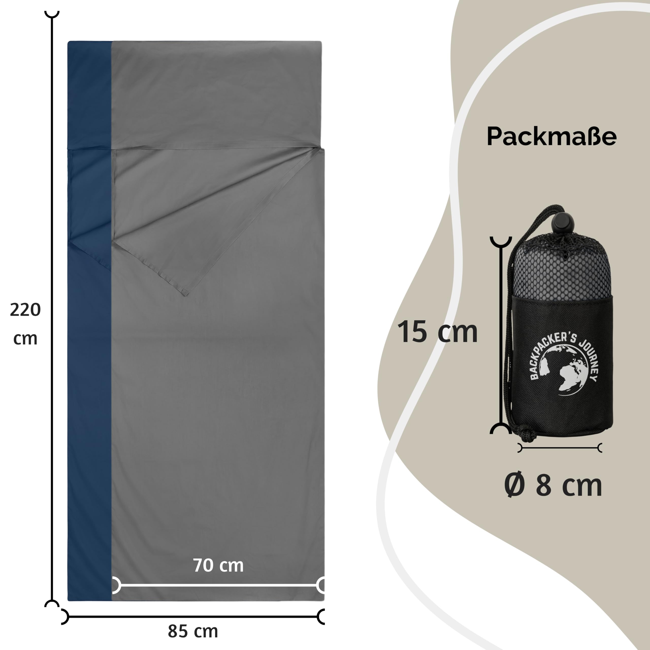 Backpacker's Journey Hüttenschlafsack Ultraleicht (nur 225g) aus 100% Baumwolle. Hygieneschlafsack ohne Reissverschluss (Keine Wärmeleistung)