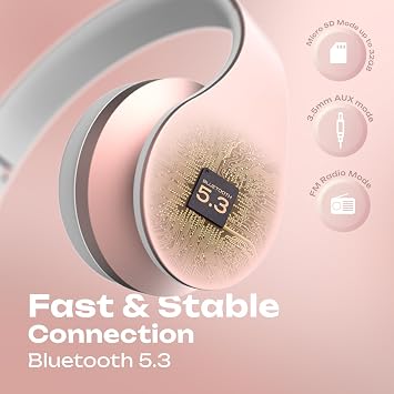 PowerLocus Wireless Bluetooth Over-Ear Stereo Foldable Headphones, Wired Headsets with Built-in Microphone for iPhone, Samsung, LG, iPad (Rose Gold)