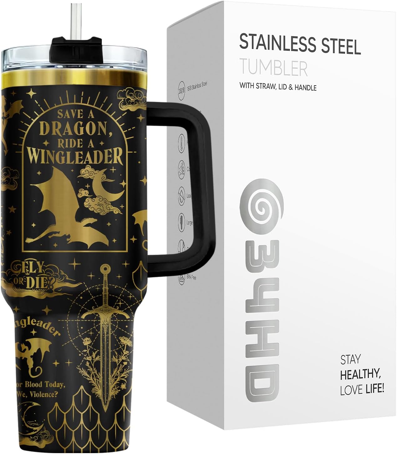 34HD Wingleader Tumbler 40oz with Lid and Straw, Dragon Insulated Travel Coffee Mug, Fantasy Book Lovers - Birthday Gifts, Bookish Items for Him Her & Movie Fans