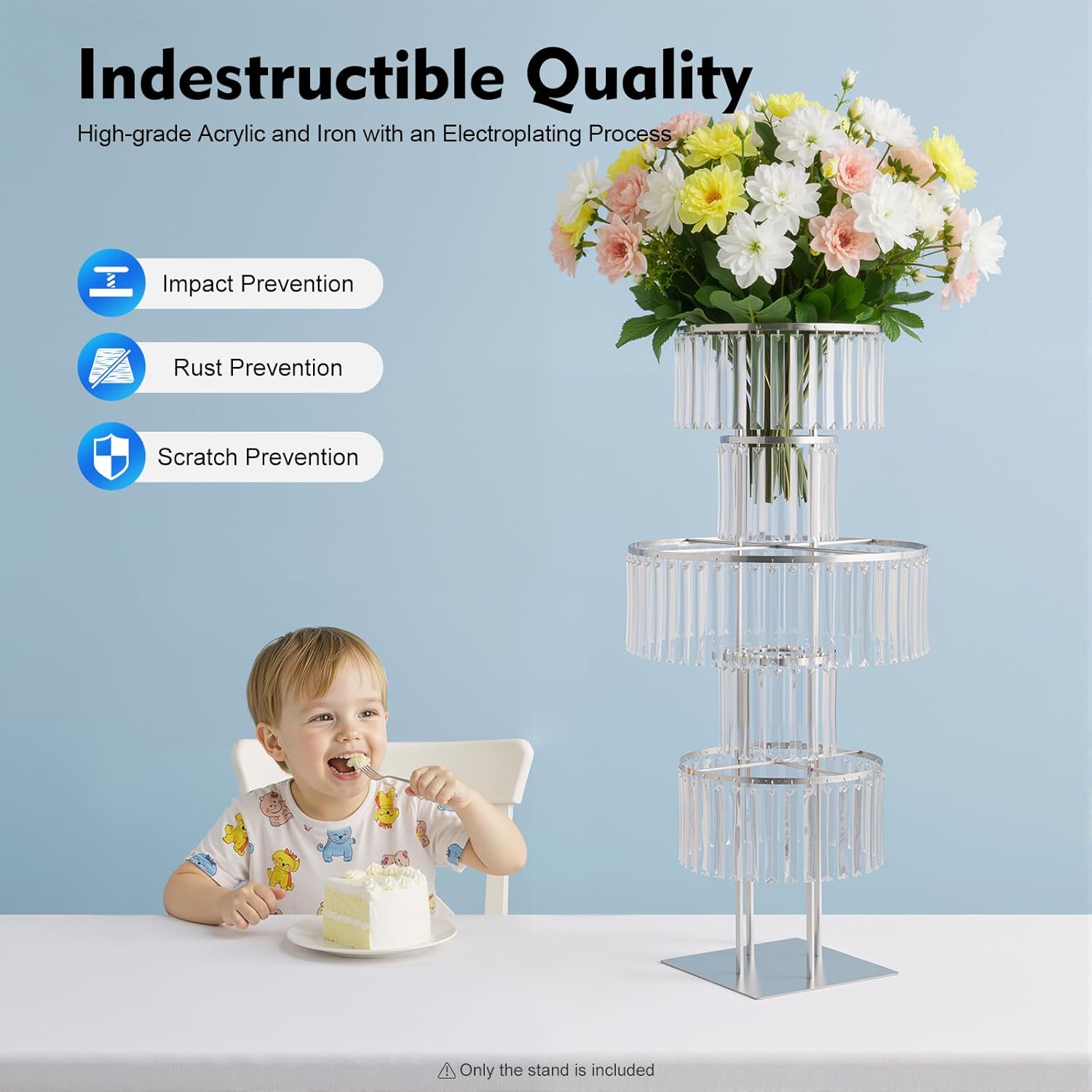 5 Tier Crystal Flower Vase for Wedding Table Centerpieces 43.3" Tall Flower Stand with Hanging Crystal Metal Cylinder Flower Vase Stand for Flower Arrangement Home Party Event Wedding Decor, Silver