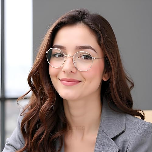 Vista 9 de HJSTES Gafas redondas de luz azul para mujeres y hombres, lentes retro con montura de metal